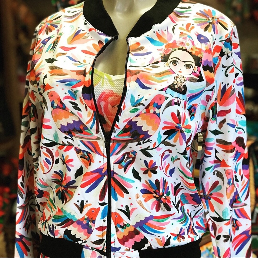 Frida Kahlo Otomi Style Striped Bomber Jacket - Picture 2 of 3
